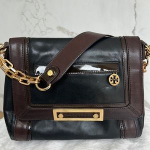 Tory Burch Two Tone Black Brown Leather Chain Strap Small Shoulder Bag